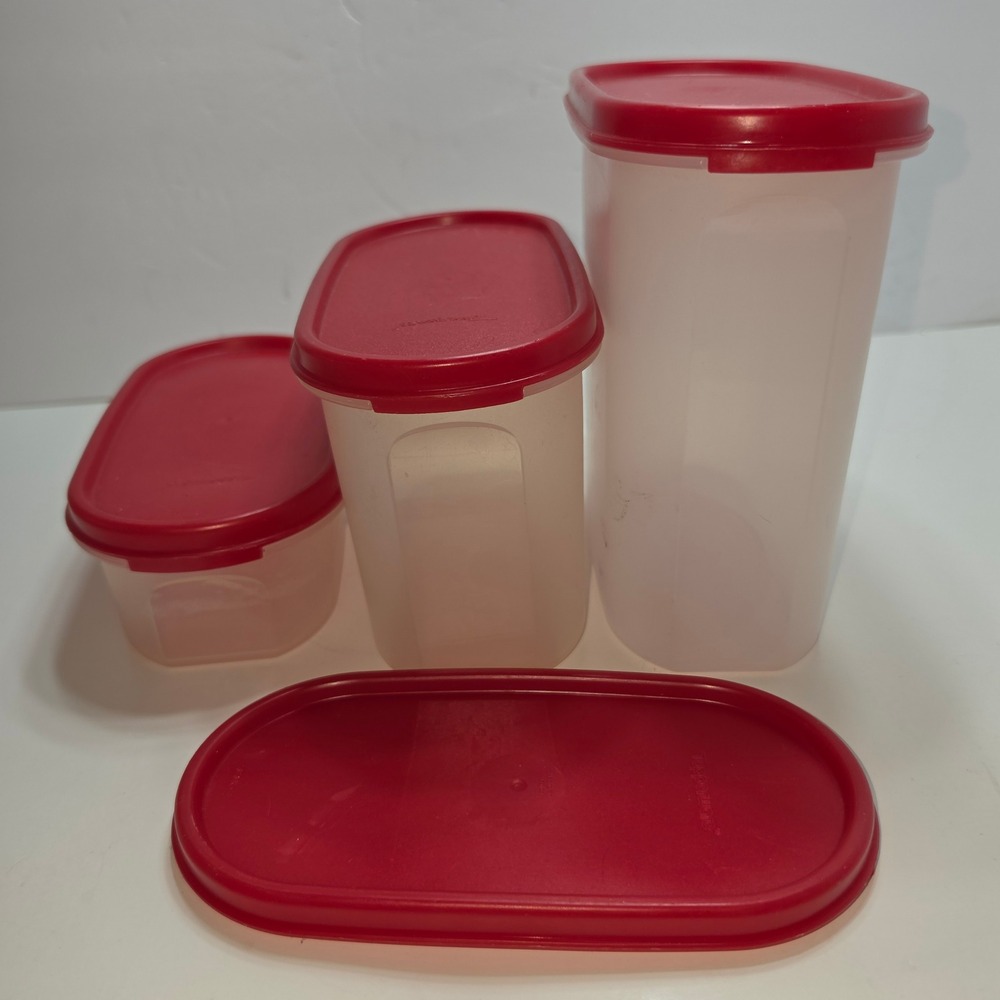 Tupperware Modular Mates Oval Set of 3 Red Lids 2 4.75 7.25 Cup Containers